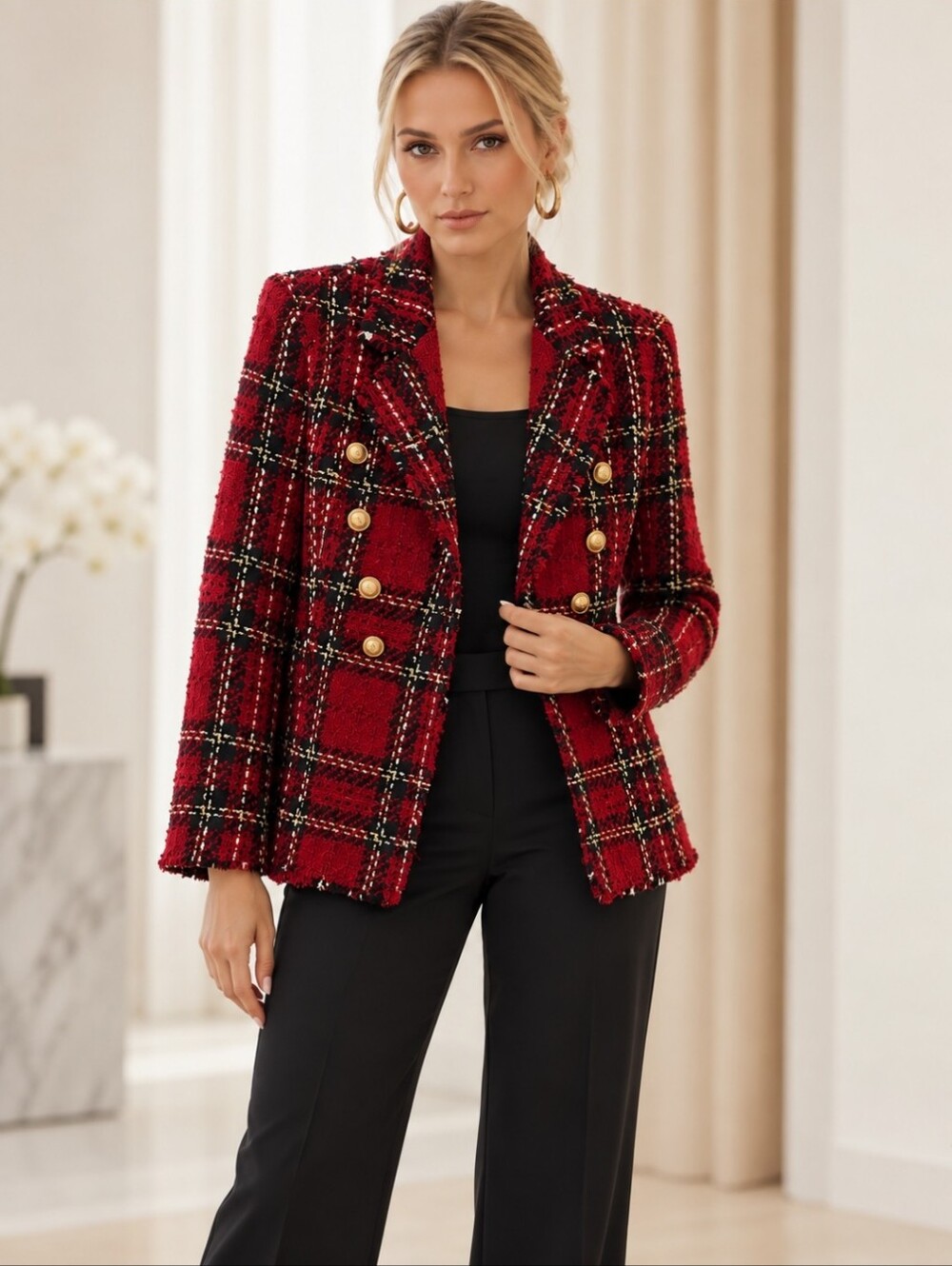 Zara Red Plaid Tweed Double-Breasted Jacket | Gold Buttons | Fringed Trim